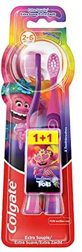 COLGATE - Due spazzolini da denti per bambini dai 2 ai 6 anni - Extra morbidi - Design giocoso con piedini a ventosa - 4 x 2 confezioni - Totale: 8 spazzolini da denti, colori assortiti