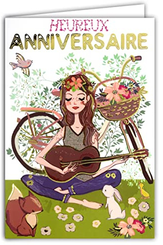 Carte Heureux Anniversaire Or Doré Jeune Fille Femme Bohème hippie chic Fleurs Roses Vélo Bicyclette Guitare Musique Animaux Fabriqué en France 67-1121