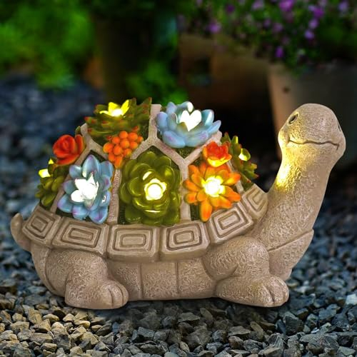Goodeco Solar-Powered Turtle Garden Ornaments with LED Lights & Succulent Accents - Outdoor Decor for Patio, Balcony, Yard - Birthday Gifts for Women, Mum, Unique Tortoise Statue Housewarming Ideas