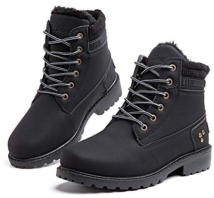 Hitmars Stivali Invernali Donna Bassi Caldi Foderato di Pelliccia Scarpe da Inverno PU Vamp Stivaletti da Neve Stringate Piatto 3.2 CM 3 Nero Taglia 40 EU