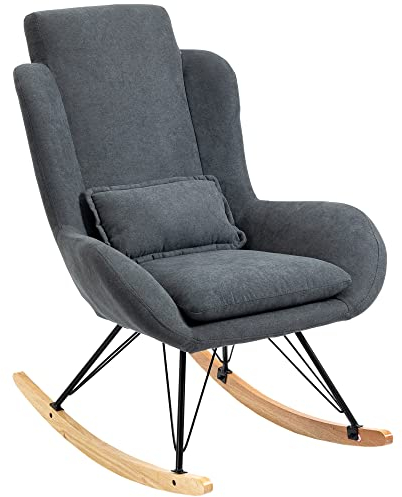 HOMCOM Schaukelstuhl Liegestuhl Lesesessel 90-135° Schaukel Leinen Gummiholz Dunkelgrau 75 x 95 x 110 cm