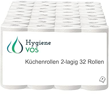 Hygiene VOS 32 Küchenrollen Original saugstarke Wischtücher 2- lagig im riesigen Vorteilspack 8 x 4 Rollen (32 x 64 Blatt) - Kuchenrollenpapier - Küchentücher papier großp