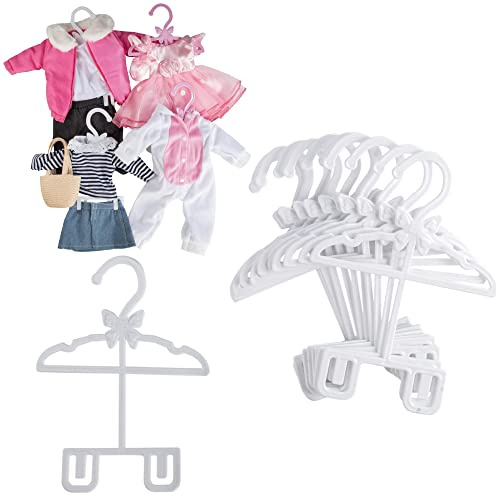 Dress Along Dolly Doll Full-Outfit Clothes Hangers for 18 Doll Clothes- 12pk Unique Design Compatible w American Girl Holds Your Top & Bottom at Once Including Dresses, Pants, Shirts, Skirts - White