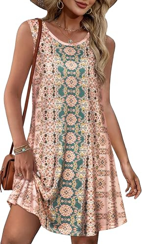 elescat Summer Dresses for Women Sleeveless Sundresses, Pink Boho Flower, L