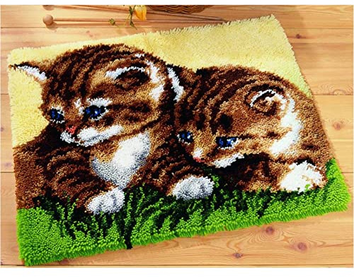 VIONNPPT Söt kattknytmatta för att knyta själv broderikudde, matta, obehandlad virkad matta set med förtryck, latchhook kit för barn och vuxna (två,50 cm x 38 cm)