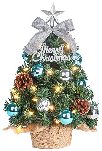 Mini albero di Natale con illuminazione a LED, da tavolo, decorato artificialmente, per decorazioni natalizie, 40 cm, colore blu con argento