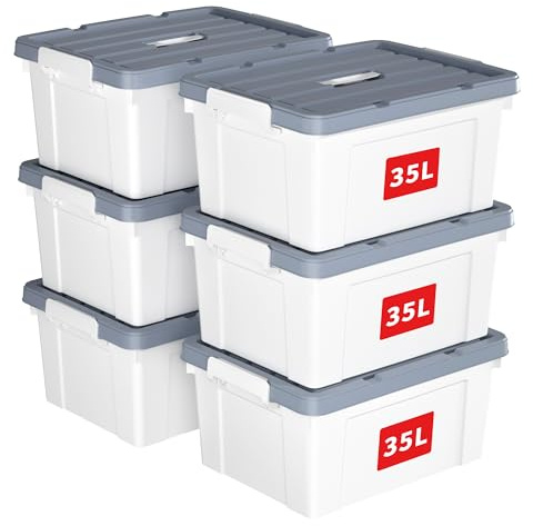 Cetomo 35L*6 Caja de Almacenamiento con Asa, Caja de Plástico con Tapa y Cierre Seguro, Contenedor de Almacenamiento Grande, Duradera, Apilable, Resistentes, Blanco, Paquete de 6 de 35L