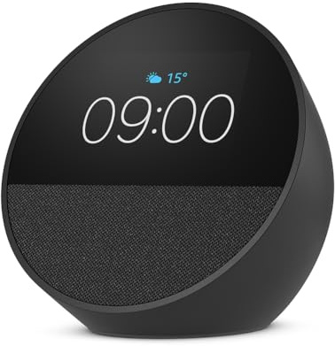 Zertifiziert und generalüberholt Amazon Echo Spot (2024), smarter Wecker mit sattem Klang und Alexa, Schwarz
