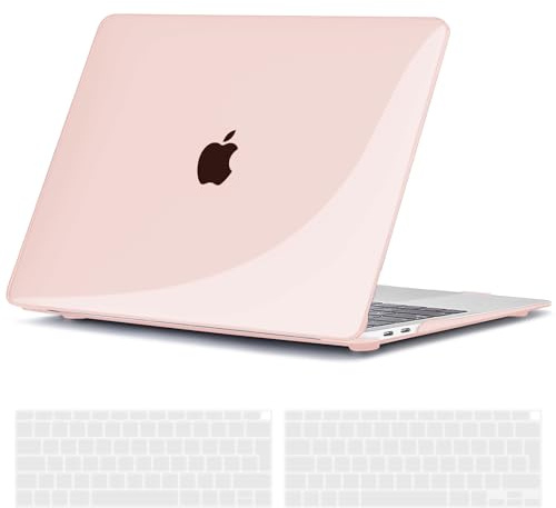 TECOOL Hülle für MacBook Air 13 Zoll Retina 2020 2019 2018 (M1 A2337/A2179/A1932), Ultradünne Schutzhülle Hartschale Case u. EU QWERTZ Tastaturschutz, Kristall Apfelrosa