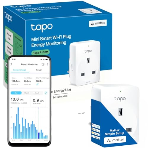 Tapo P110M Smart Plug, WiFi Plug, Energy Monitoring, Electricity Usage Monitor, MATTER Certified, App Remote Control, Voice Control, Alexa Plug, Works with Alexa & Google, Away Mode, Compact Design