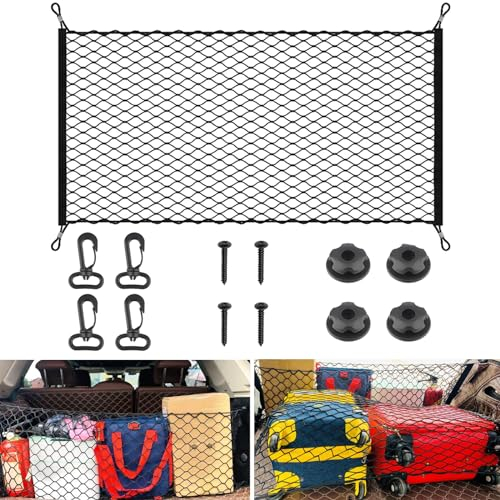 Gepäcknetz Auto 140x100cm Elastisch Kofferraumnetz Mit 4 Haken, Sicherungsringen und Schrauben - Passend für Alle Autos und Wohnmobile