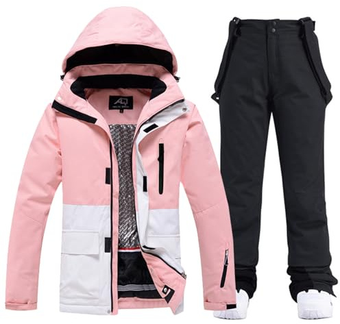 ALSOGO Damen Skijacke & Skihose Set Skianzug 2 teilig Schneeanzug Wasserdicht Warm Winterjacke mit Abnehmbare Kapuzen zum Skifahren Snowboarden Schneejacke Schneehose