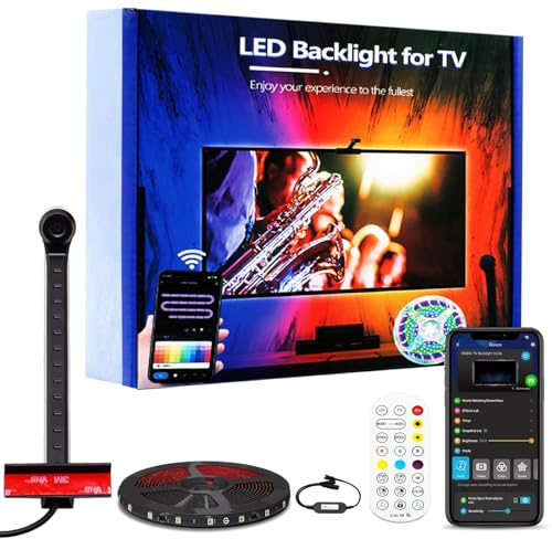 Fayerkar TV-Hintergrundbeleuchtung 3 Lite mit Fischaugen-Korrekturfunktion, Synchronisierung für 55-75-Zoll-Fernseher, 3,8 m RGBICW WiFi TV LED-Streifen mit Kamera, Sprach- und App-Steuerung