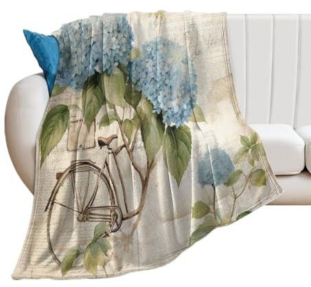 HighonHi Throw Blanket Blue Bike Vintage Hydrangea Velvet Flannel Blanket Bike Retro Blue Bicycle with Flowers in Basket Flannel Throw Blanket for Couch Bed for Adults and Kids 50x60