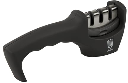Chefkoch Messerschärfer in Grau/Silber - 3-Stufen Präzisions-Schärfen (Aufrichten, Schärfen, Polieren) - 210x50x75mm - Ergonomischer Griff - 5 Jahre Herstellergarantie