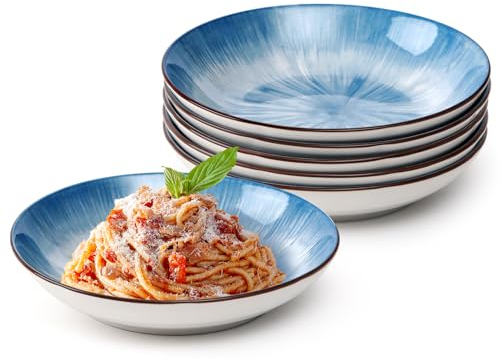 NUTRIUPS 20.5cm Assiettes à Pâtes Lot de 6, 500ml-16oz Assiette Creuse, 8'' Assiettes à Soupe en Porcelaine, Convient à Micro-ondes et Lave-vaisselle (Bleu)