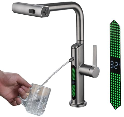 Waterfall Kitchen Sink Faucet with Pull Out Sprayer, 4 in 1 Kitchen Sink Mixer Taps, Digital Display, Pure Faucet, Single Lever Kitchen Tap, Anti-Corrosion, Durable (Gun Gray)