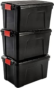 Solent Plastics 3 pack of 60 Litre Large Lidded Garage Storage Boxes, Tool Storage Boxes with Lids, Clip on Lid, Stackable, L 590 x W 395 x H 355 mm