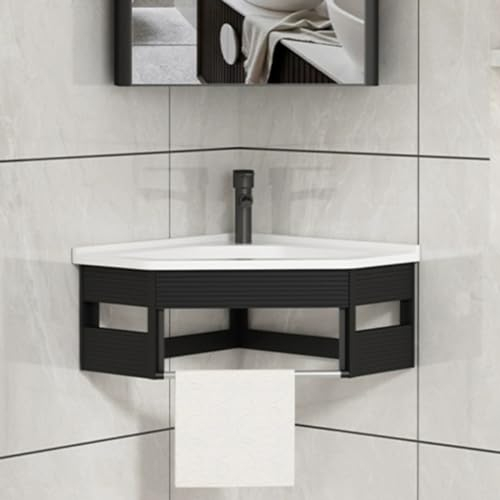 VSTQNXR Gäste Wc Waschbecken Waschbecken Mit Unterschrank Eck-Badezimmerschrank-Waschtisch-Kombination Für Kleinen Raum, Design Eines Wandmontierten Schranksets(Color:Black and Silver)