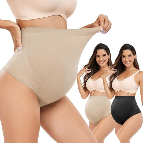Hailycoco Shapewear Premaman Senza Cuciture, Perizoma Premaman a Vita Alta Biancheria Intima Mutandine per Gravidanza con Supporto per la Pancia, Nudo+Nudo+Nero, Medium