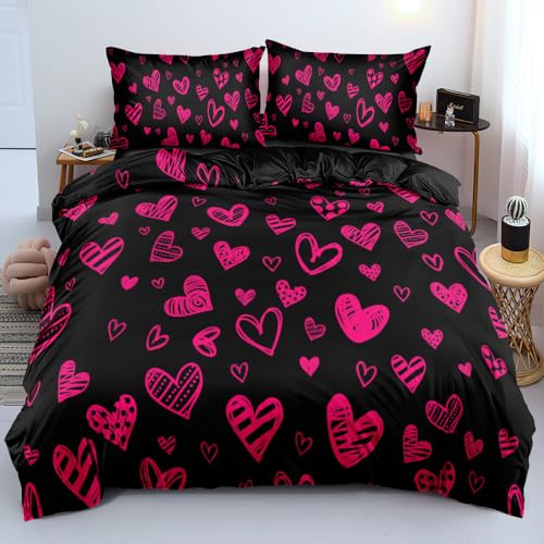 Luowei Bettwäsche 155x220 Mädchen Schwarz mit Rosa Herzen Kinder Bettwäsche Herzen Weich Kuschelig Microfaser Bettbezug Set 3 Teilig für Mädchen Geschenk mit Reißverschluss und 2 Kissenbezüge 80x80 cm
