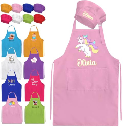 Grembiule per bambini personalizzato con nome Cappello da chef per bambini personalizzato e grembiule Ragazze Ragazzi Kid Cucinare Pittura Cucina, Bianco, L