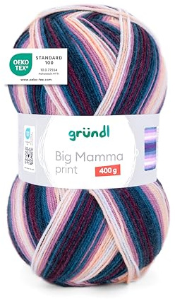 Gründl Big Mamma Print - Lana XXL para tejer - ovillo grande de 400 g / 1040 m - lana con degradado de color 100% poliacrílico - flieder-petrol-purpur-pfirsich-weiß