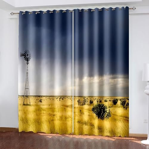 KnSam Grau Blau Gelb Blickdichte Vorhänge 2er Set, Grasland Landschaft Muster Dicke Thermovorhang Kälteschutz Thermogardine, Sichtschutz Gardinen mit Ösen