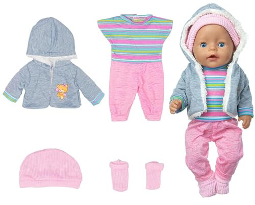 4 Stücke Puppenkleidung 43 cm Puppenzubehör Set mit Kapuzenoverall für Mädchen, Baby Zubehör in Pink und Grau als Geschenk
