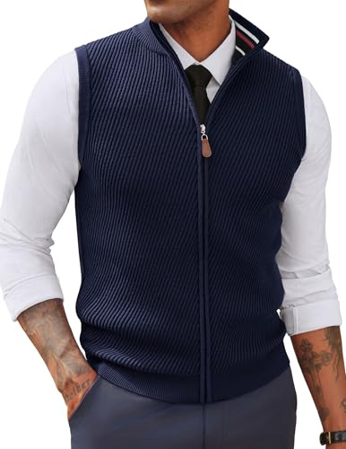PJ PAUL JONES Herren-Pullover-Westen, schmale Passform, strukturierter durchgehender Reißverschluss, ärmellos, lässige Oberbekleidung, Marineblau, X-Large