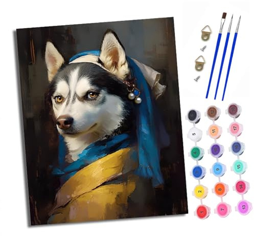 XXHXIE Malen nach Zahlen Erwachsene Husky mit Perlenohrringen DIY Handgemalt Ölgemälde Kit Paint by Numbers Adult Mit 3 - Pinseln und Acrylfarbe Knitterfreie Leinwand set - 40 X 50 CM