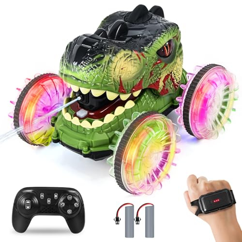 HERMORRYSS Macchina Telecomandata per Bambini, Monster Truck Telecomandato, 2.4Ghz Anfibio Radiocomandato, con Spruzzi, Luci, Suoni e Rotazione a 360°, Dinosauro Giocattolo per 3 4 5 6 7 8+ Anni