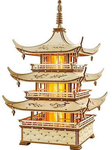 Wood Trick Harmony Tower Pagode Puzzles 3D en bois à LED pour adultes à construire - Gravures délicates - Éclairage à 2 modes - Projet d'ingénierie - Kits de modèles de puzzle 3D mécaniques pour