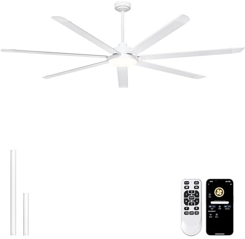 Ohniyou Ventilatore da soffitto da 213 cm con luce, Ventilatori da soffitto industriali da grande con telecomando/app, 7 pale in alluminio, motore DC silenzioso per interni, esterni, terrazze, bianco