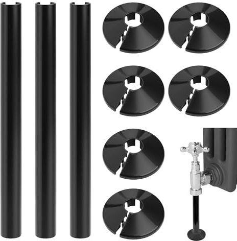 9 PcsRadiator Pipe Covers and Collars Set: 3 Radiator Pipe Sleeves and 6 Radiator Tube Covers, 200mm Long Radiators Pipes Sleeves for 15mm Pipes Central Heating Clip On Cover Snappit(Black)