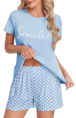 UMIPUBO Pigiama Donna Estivo Leggero Manica Corta Pigiami Set Camicia da Notte Due Pezzi Completo da Casa Girocollo Stampa Maglietta Pantaloncini con Tasca Comod Casual Sleepwear (Blu, XL)