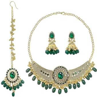 IMINI Set di gioielli tradizionali Kundan, collana, orecchini Jhumka e Maang Tikka, accessori da sposa e matrimonio per donne, feste etniche e festival, Medium, Metallo, Zirconia cubica