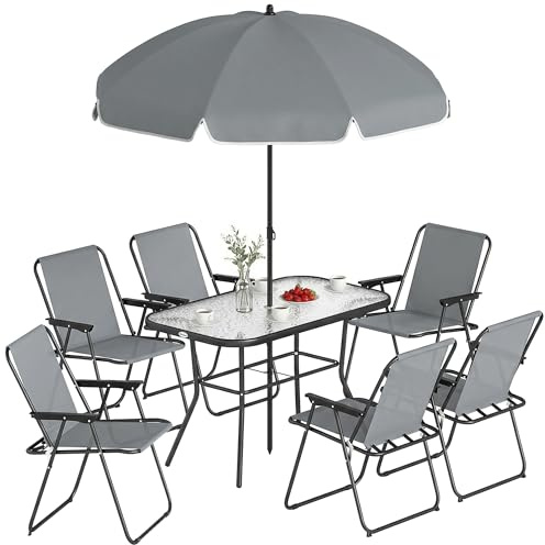 Outsunny Conjunto de Mesa y Sillas Jardín de 8 Piezas con Sombrilla Gris