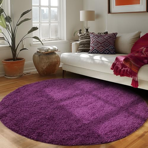 Carpettex Hochflor Teppich Wohnzimmer 160 cm Rund Violett - Flauschiger Teppich Extra Weich und Pflegeleicht - Shaggy Teppich Modern Einfarbig Design - Teppich für Schlafzimmer, Esszimmer und Küche