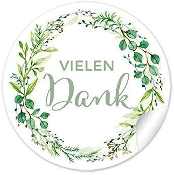 72 Sticker Vielen Dank GRÜN mit Zweigen um Danke sagen für Gastgeschenke, Hochzeitsmarmelade, Papieraufkleber 4 cm, rund, matt