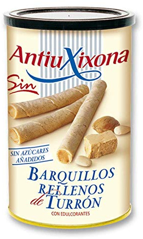 Barquillos de Turrón Sin Azúcares añadidos, Caja o Pack de 2,4 KG (12 latas x 200 G). Apto para Diabéticos – Barquillo de galleta relleno de Turrón Sin Azúcares añadidos. Antiu Xixona Receta Original.