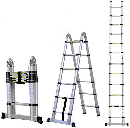 A-Frame Extension Ladder 3.8m/1.9m+1.9m Folding Ladder Portable Multi-Purpose Aluminum DIY Climb Ladder for Outdoor Indoor Use Telescopic Ladders, Max 150kg Capacity with Support Bar, Safety & Sturdy