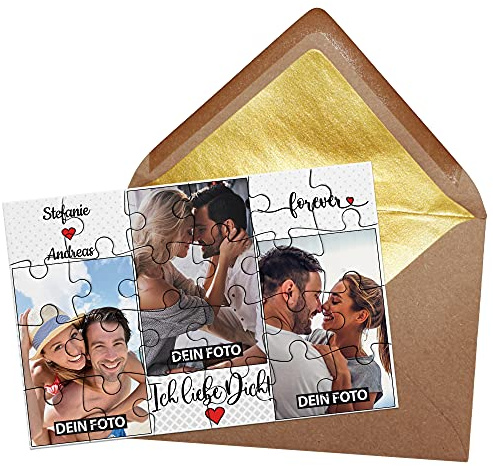 Foto-Puzzle - Collage Ich Liebe Dich - inkl. Briefumschlag mit Gold-Inlay - Geschenk für Paare, Liebe, Valentinstag - mit DREI Bildern + Namen Bedrucken Lassen - 24 Teile