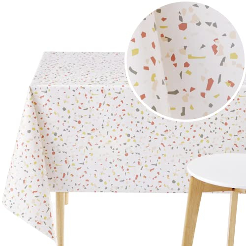 KP HOME Wachstuchtischdecke mit Terrazzo Muster Wasserdicht Wachstuch Tischdecken Abwaschbar 200 x 140 cm Abstrakte Weiß Marmor Wachstischdecke Vinyl PVC Tischdecke Rechteckig 140x200 Outdoor 2m