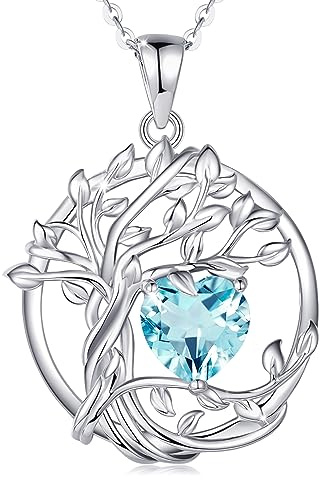 FANCIME Tree of life Birthstone Necklace for Women Sterling Silver Tree Jewelry Aquamarine Pendant March Birthstone Blue Gemstone Anniversary Birthday Christmas Gifts for Wife Mom Her