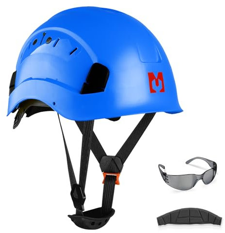 Mustbau Casco di Sicurezza, Casco Protettivo EN397 con Occhiali Antiappannamento, Fascia Regolabile da 53 a 63 cm, Materiale ABS Resistente Per Uomini Donne - Blu navy