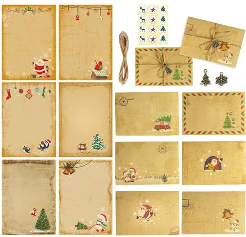 SLshiBo Set di carta da lettere vintage con busta, 12 fogli di carta da lettere vintage con 6 buste, corda di canapa da 10 m, adesivi e accessori di Natale per familiari, amici, ecc., SD 001
