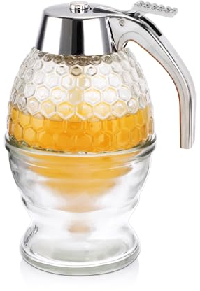 SUMNACON Honigspender aus Glas, 237 ml, Honigbehälter mit Ständer, transparent, tropffrei, Ahornsiruphalter, Honig-Sirup-Topfspender, Honigglas, Flasche mit Dipper für Küche, Kochen, Picknick