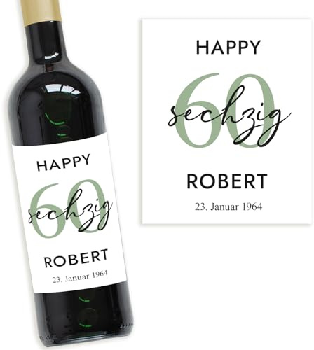 Mimi und Anton 60 Geburtstag Geschenk | Personalisiertes Flaschenetikett | Weinetikett 60 | Wein Flaschen Etikett | Weinlabel Happy Birthday mit Geburtstagszahl (Grün)