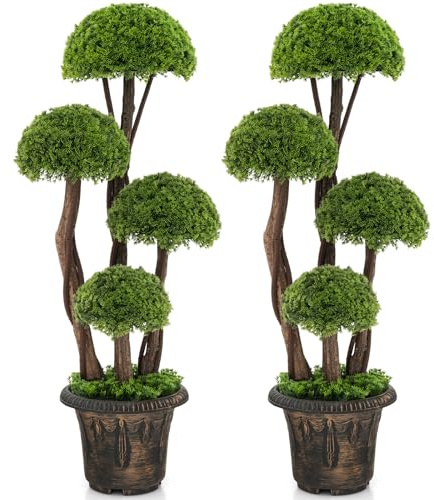 DREAMADE 3ft. Artificial Cypress Topiary Tree, Ball Shaped Faux Cedar Trees w/Retro Cement Pot, 4 Boxwood Topiary Balls, Outdoor Plants Artificial for Porch, Foyer, Garden, Front Door, Set of 2